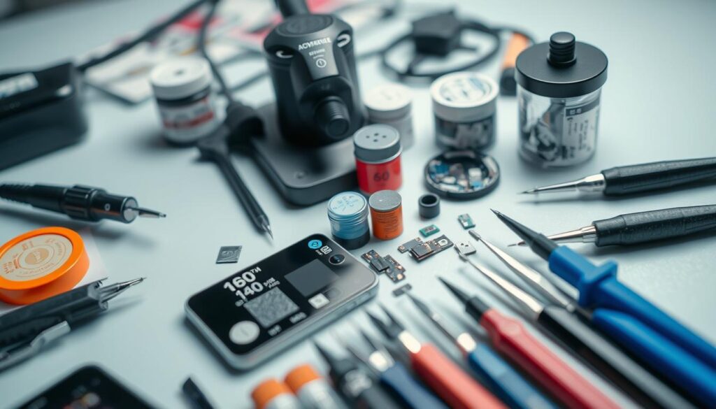 A well-lit, close-up shot of an assortment of professional-grade soldering and desoldering tools arranged neatly on a clean, organized workbench. The tools should include a soldering iron, solder, desoldering pump, tweezers, and other essential items used for intricate electronics repair work. The image should convey a sense of precision, attention to detail, and the specialized equipment required to perform high-quality smartphone component assembly and disassembly. The overall tone should be one of a well-equipped, professional-level electronics repair workshop, ready to handle delicate smartphone servicing tasks. A well-lit, close-up shot of an assortment of professional-grade soldering and desoldering tools arranged neatly on a clean, organized workbench. The tools should include a soldering iron, solder, desoldering pump, tweezers, and other essential items used for intricate electronics repair work. The image should convey a sense of precision, attention to detail, and the specialized equipment required to perform high-quality smartphone component assembly and disassembly. The overall tone should be one of a well-equipped, professional-level electronics repair workshop, ready to handle delicate smartphone servicing tasks.