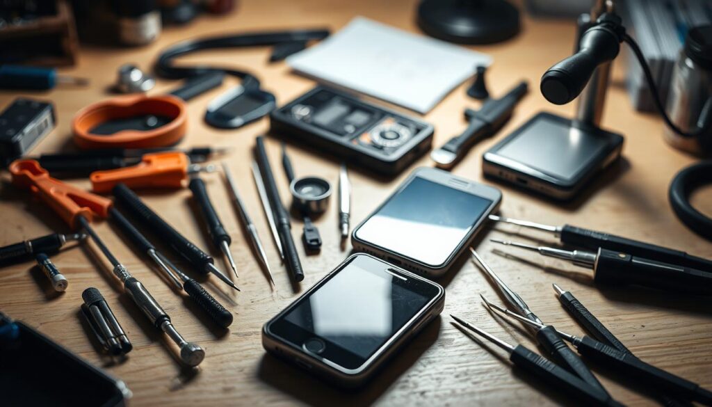 A well-lit workspace showcases an array of specialized tools for mobile phone repair, including precision screwdrivers, tweezers, magnifying glasses, and soldering irons. The tools are neatly organized on a clean, wooden workbench, casting soft shadows that suggest a professional, methodical approach. The background is slightly blurred, drawing the viewer's attention to the foreground, where the tools are the focal point. The overall scene conveys a sense of expertise and attention to detail, perfectly capturing the essence of an intermediate-level mobile phone repair setup. A well-lit workspace showcases an array of specialized tools for mobile phone repair, including precision screwdrivers, tweezers, magnifying glasses, and soldering irons. The tools are neatly organized on a clean, wooden workbench, casting soft shadows that suggest a professional, methodical approach. The background is slightly blurred, drawing the viewer's attention to the foreground, where the tools are the focal point. The overall scene conveys a sense of expertise and attention to detail, perfectly capturing the essence of an intermediate-level mobile phone repair setup.